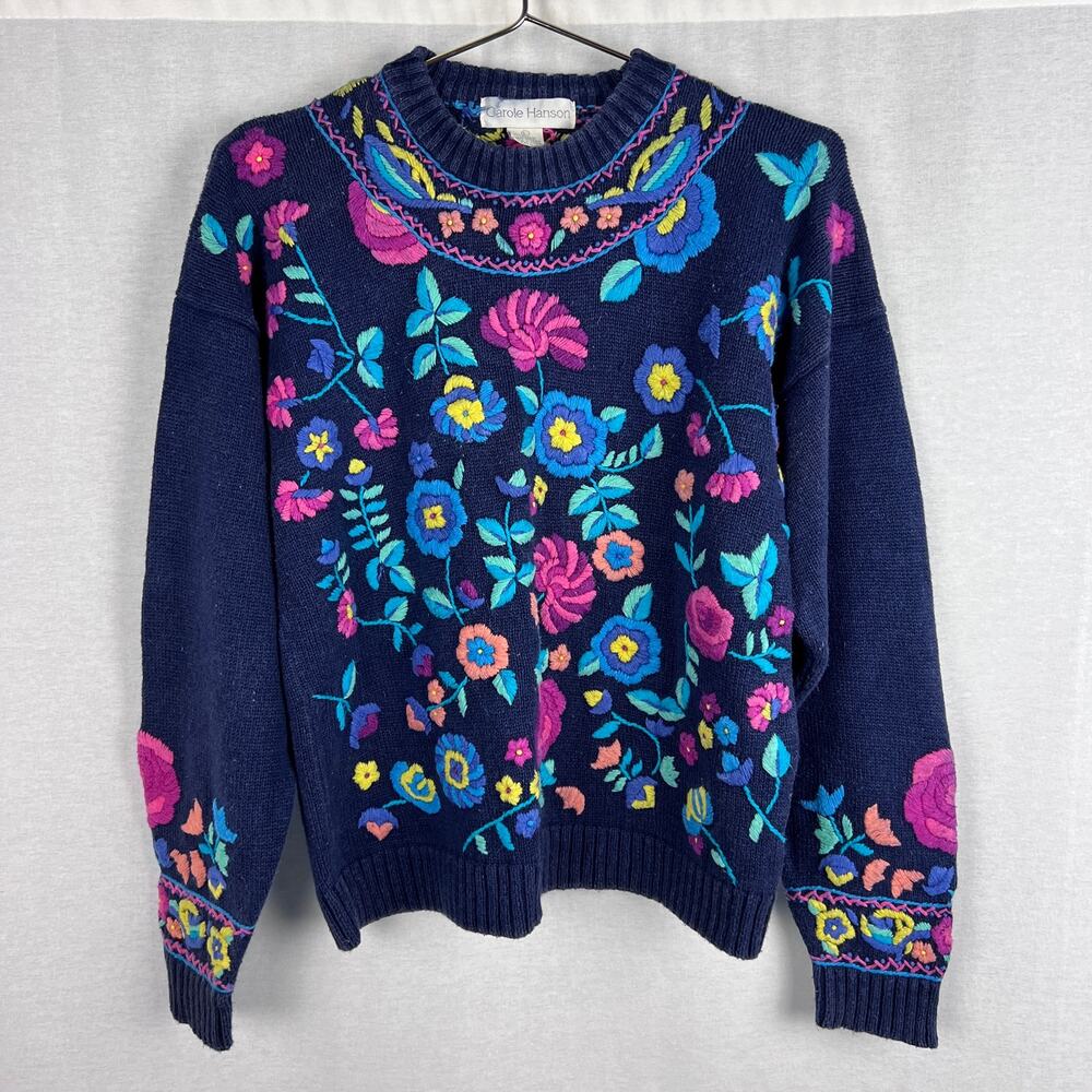 Vintage Artsy Sweater Floral Embroidered Cottagecore Boho Colorful Grannycore